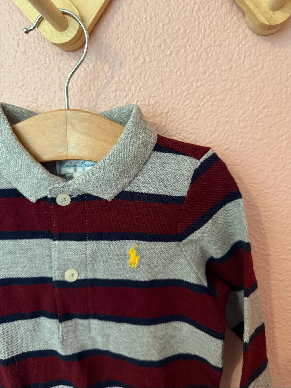 NWT Ralph Lauren Baby Striped Polo One-Piece in Gray and Burgundy